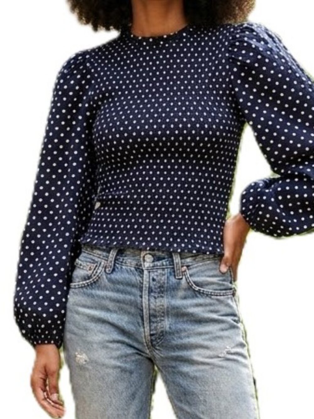 ICHI Danish Polka Dot Blouse Navy White Ruched Puff Sleeve Size 4 EUC